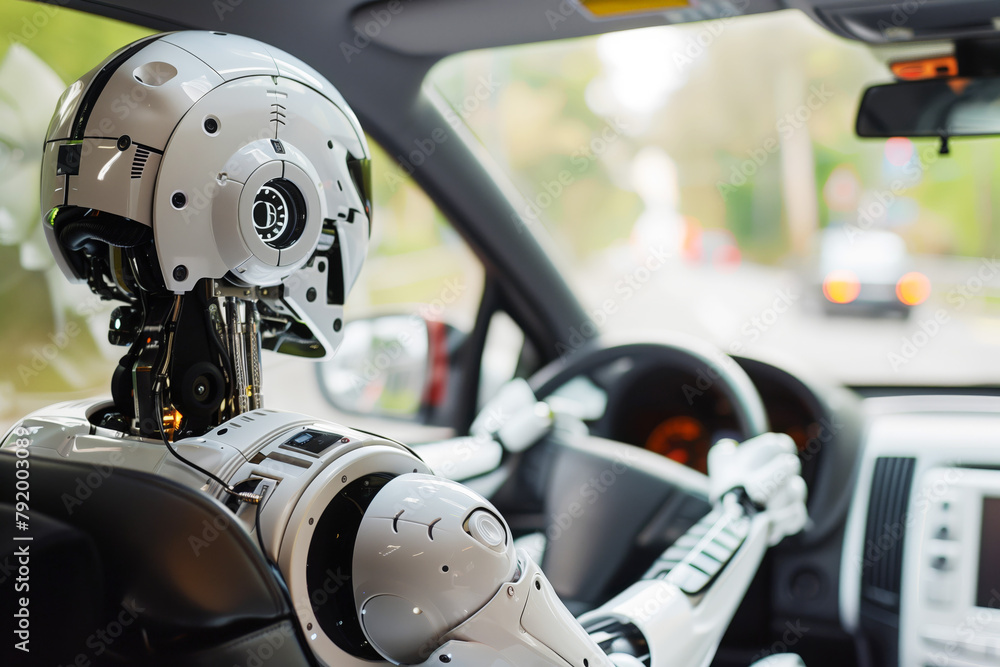 Fototapeta premium Robot driving car. AI - artificial intelligence and self-driving car.