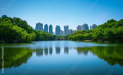 Landscape photography of a city park with green trees and a lake in the center  