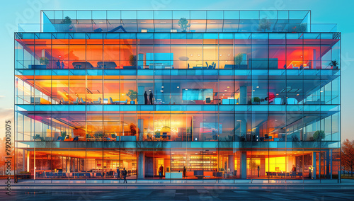  An architectural rendering of an office building with multiple floors, cutaway showing interior spaces and furniture, glass facade with orange accent color. Created with Ai
