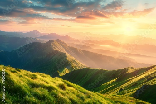 Majestic mountain landscape at sunrise with grassy hills and mountains in the background