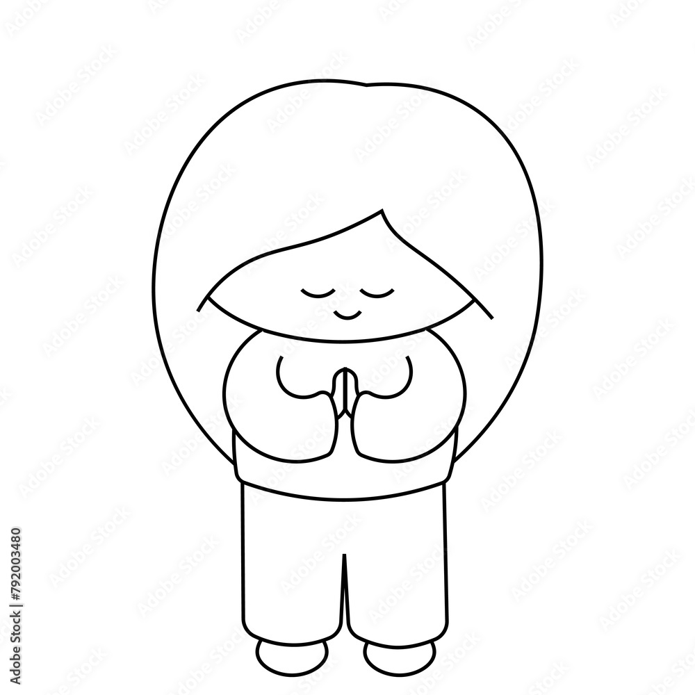 Cute cartoon girl prayer in black and white Cute cartoon girl prayer in black and white