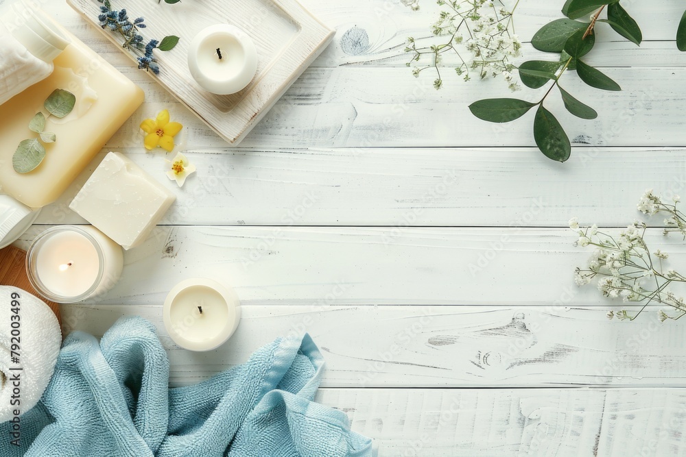 Spa table with candles and towels Spa table with candles and towels