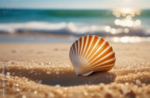 Sea shell over wavy white sand beach such summer background