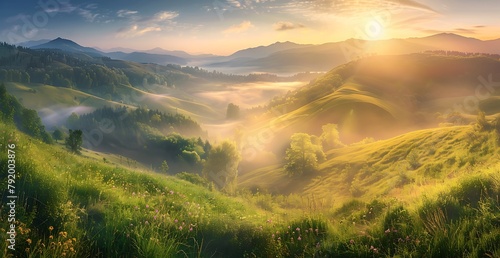 Majestic summer landscape with green hills and foggy valley at sunrise in the Carpathian mountains, stylized in the style of high dynamic range, vibrant colors, and soft focus