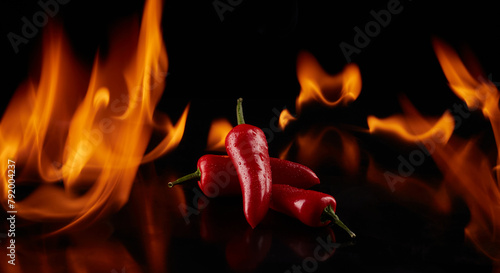 Three red chili peppers with flames burning around them. © Mark