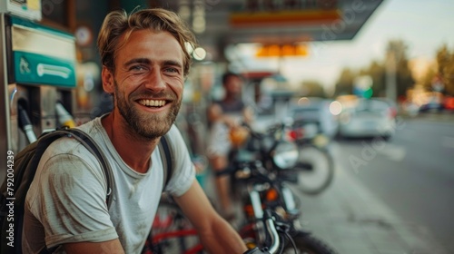 Happy man with scooter or motorbike refuelling at gas station