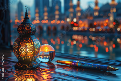 3d render of beautiful lanterns glowing in the dark, intricate Islamic patterns on wet floor. Created with Ai