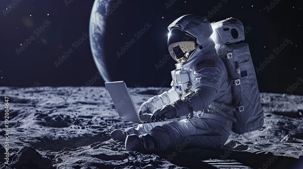 Fototapeta premium Astronaut in space with a laptop, setting on the moon