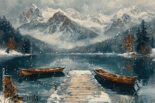 Two wooden row boats on the shore of Lake Braies in winter, mountains and trees in the background. Created with Ai