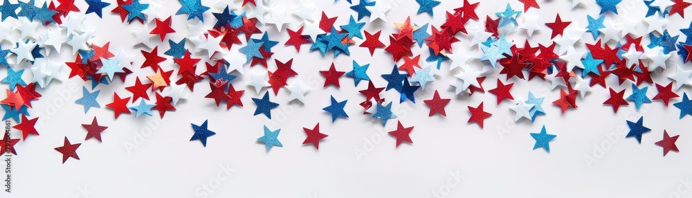 Festive confetti of red and blue glittering stars spread across a white background, symbolizing celebration