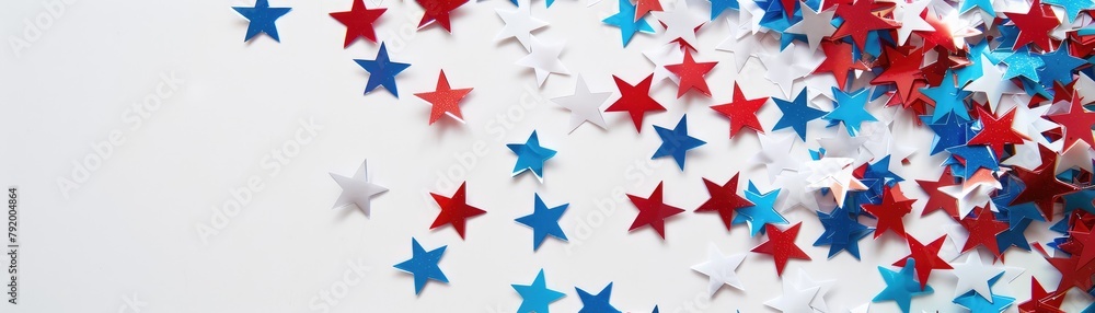 Festive confetti of red and blue glittering stars spread across a white background, symbolizing celebration Festive confetti of red and blue glittering stars spread across a white background, symbolizing celebration