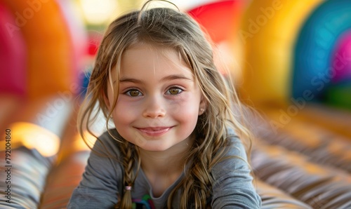 A happy child girl on the inflatable bounce house photo