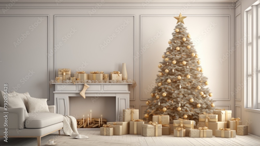 Elegant Christmas Living Room with Golden Decorated Tree and Gifts