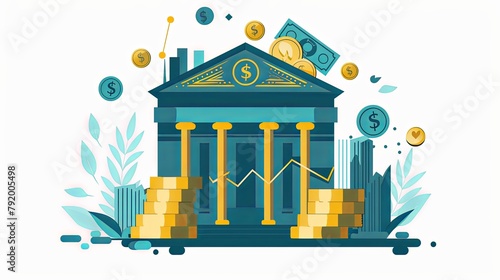 Bank facade with financial indicators and currency symbols. Flat design vector illustration.