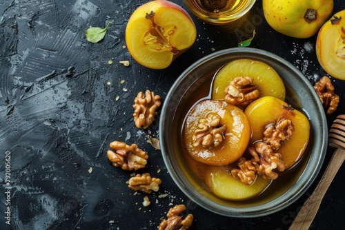 Apples and walnuts in bowl with spoon