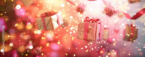 Flying gifts with ribbons and soft bokeh lights. © amazingfotommm