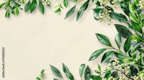   Overhead view of green foliage and blooms against a pristine white backdrop Insert text or image here photo
