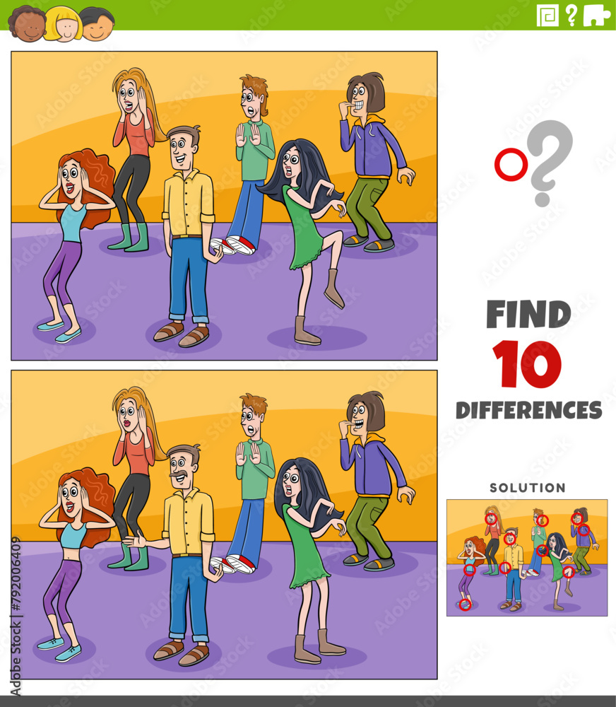 differences game with cartoon surprised young people group