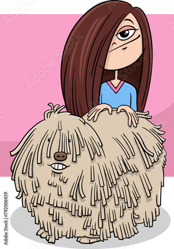 happy cartoon teen girl with funny shaggy dog character