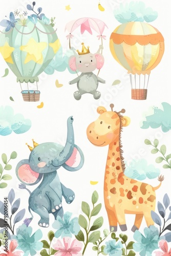 Giraffe and Elephant with Hot Air Balloons
