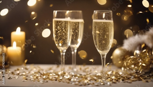 'glittering sparkling candles including decorations close champagne table confetti Year's A New adorned shot elegant glasses. christmas wine party drink dinner luxury alcohol celebration ho'