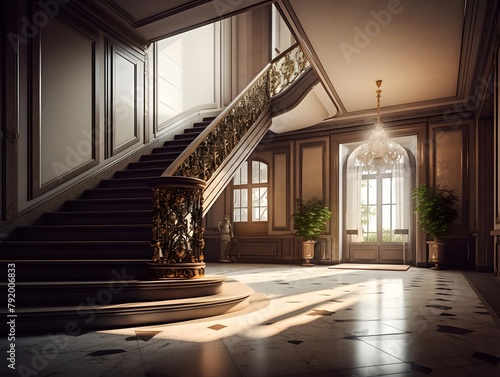 3d rendering of an empty room with a staircase and a window
