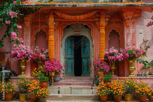 Photo of an Indian house decorated with flowers in Jod silver, pink and orange colors. A door framed by traditional carvings is visible behind the flower arrangements. Created with Ai