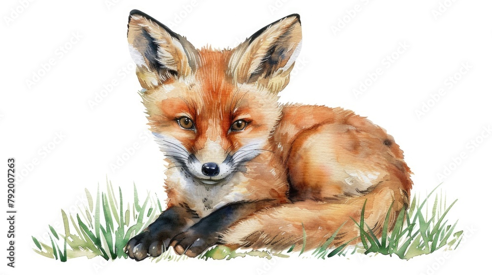 Fototapeta premium Fox in Grass Watercolor Painting