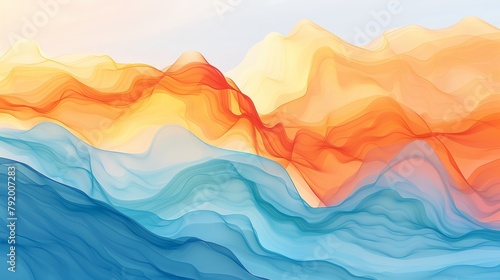  A painting of a mountain range against a blue sky In the foreground, a yellow, orange, and blue wave unfolds