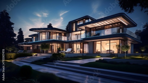 3d rendering of modern cozy house on the hill with garage and pool for sale or rent with beautiful landscaping on background. Clear summer night with many stars on the sky. © Iman