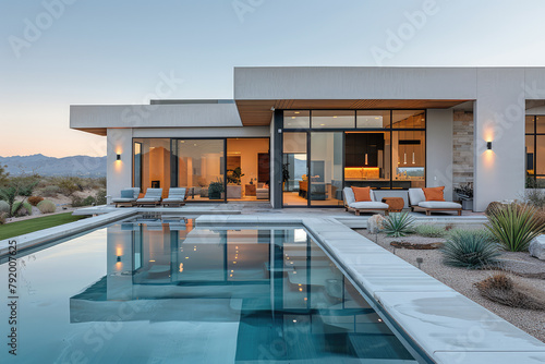 Modern white bungalow with pool in the desert, glass windows and sliding doors, outdoor furniture on patio. Created with Ai