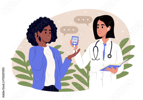 World Diabetes Day banner. A young smiling female doctor measures the sugar level of a woman with a glucometer.