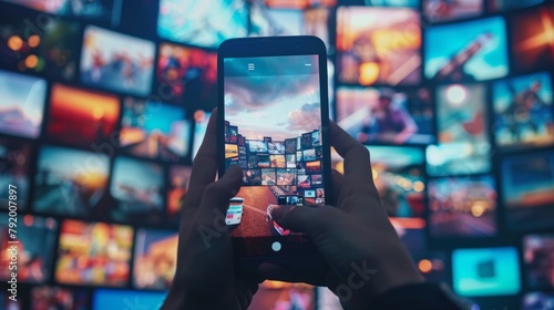 Smartphone capturing the vibrant display of a media video wall