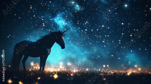  A unicorn atop a lush green field beneath a night sky adorned with stars
