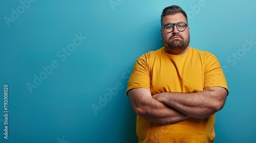 Pensive bearded bald man close up portrait. Yellow t-shirt isolated on blue background