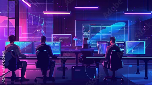 Team of IT professionals working in a futuristic server room with neon lighting. © AIS Studio