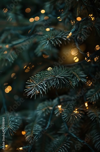 Closeup of evergreen tree lights, soft bokeh effect with white and gold spheres.