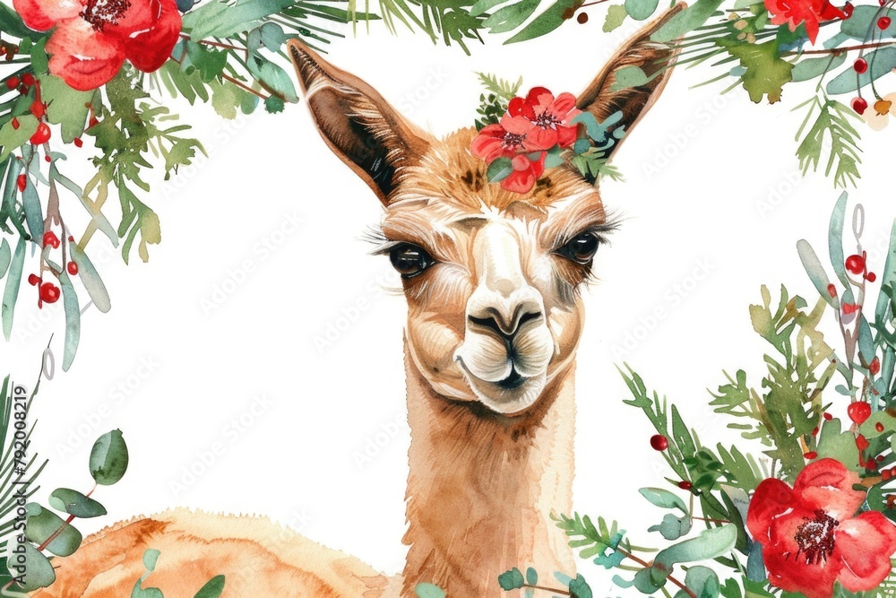 Obraz premium Llama surrounded by flowers and greenery