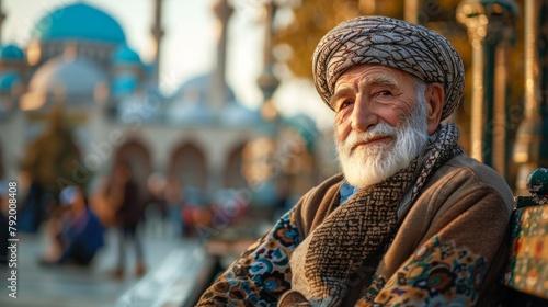 Senior elderly Asian muslim man in muslim clothes with mosque on background