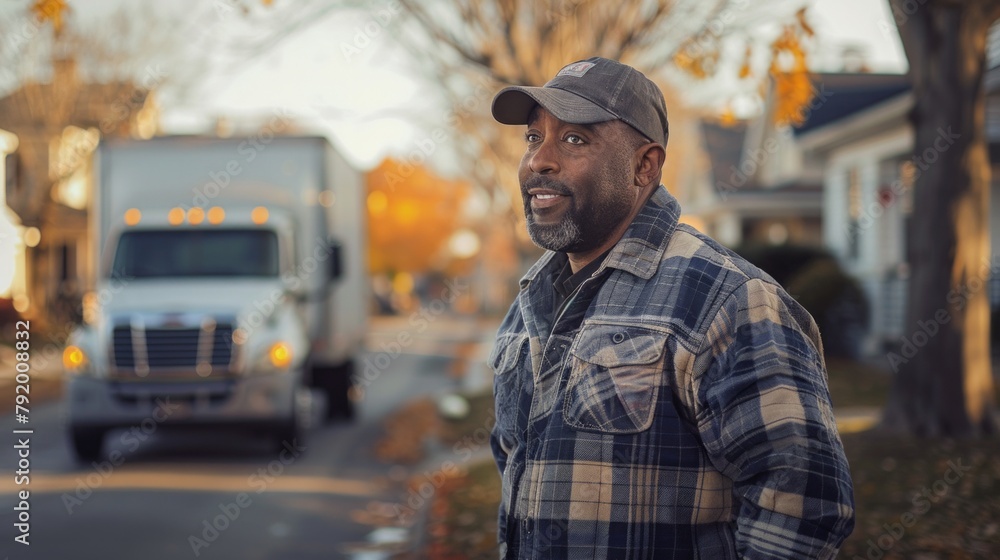 Portrait of african american truck driver in front of his car. Portrait of african american truck driver in front of his car.