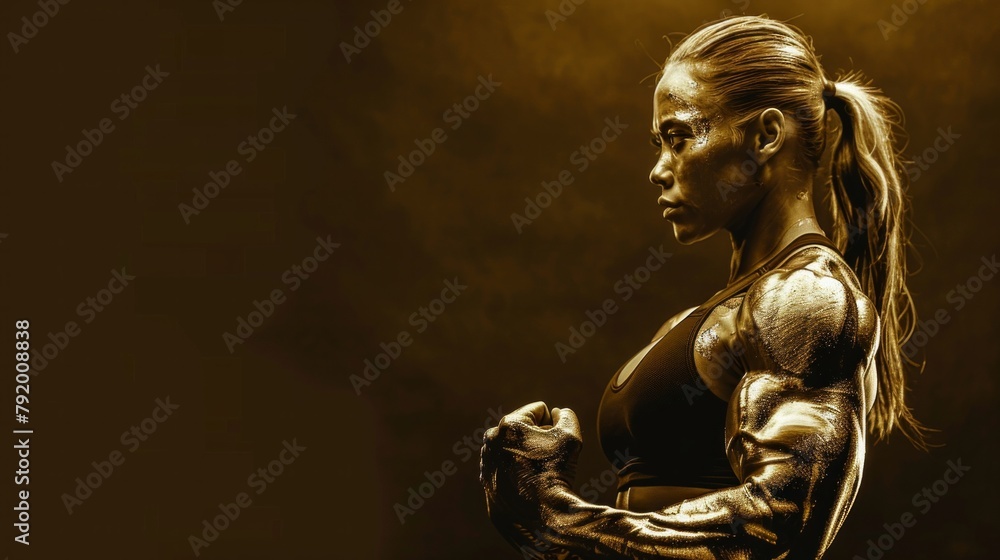 Gold glitter on bodybuilder woman body. Web banner female on the left, dark background