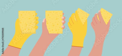 cleaning sponge in hand with and wothout gloves vector flat style bubbles