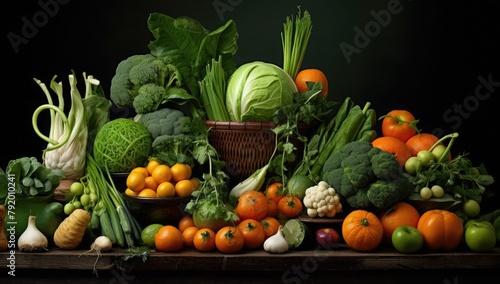 Composition with variety of raw organic vegetables on wooden table. Balanced diet