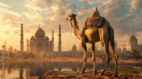 Magnificent mosque in the desert with a camel resting under the beautiful sky at sunset, calm desert atmosphere, Eid ul Adha, Eid ul fiter