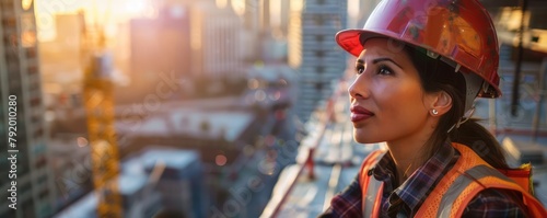 A female construction worker gazes into the distance on a high-rise site at dusk.