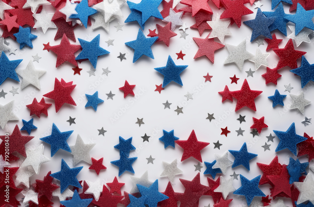 A pattern of red, white, and blue stars arranged neatly on a plain white background. The stars vary in size and are evenly spaced, creating a patriotic and festive aesthetic. A pattern of red, white, and blue stars arranged neatly on a plain white background. The stars vary in size and are evenly spaced, creating a patriotic and festive aesthetic.