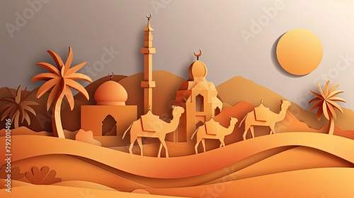 Arabian Night in Desert. Vector illustration. Place for text. Ramadan Kareem landscape, camel caravan, mosque and palms in oasis, Ramadhan creative modern banner poste Eid ul adha, Eid al adha