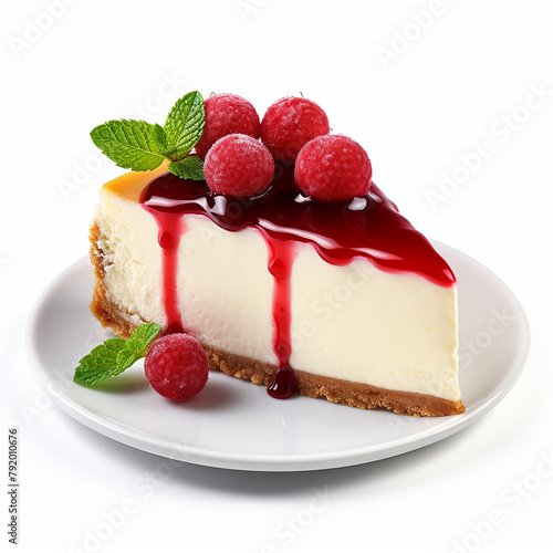 Cheesecake with raspberry sauce and fresh raspberries on a white plate