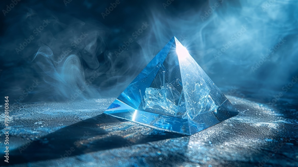 Mystic blue crystal pyramid amidst ethereal smoke and light