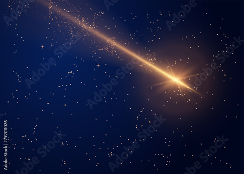 Vector shooting star with a twinkling tail on a black background with stars.